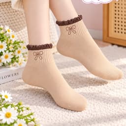 Set 10 Đôi Tất Nữ Cổ Ngắn Cotton Mềm Mại Viền Bèo Thêu Nơ Co Giãn Êm Chân Tông Màu Basic Đen Be Nâu PT 5