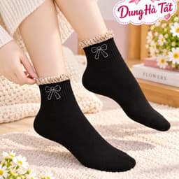 Set 10 Đôi Tất Nữ Cổ Ngắn Cotton Mềm Mại Viền Bèo Thêu Nơ Co Giãn Êm Chân Tông Màu Basic Đen Be Nâu PT 4