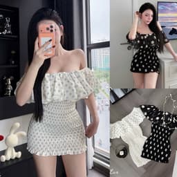 Váy Chấm Bi Trễ Vai Bèo Nhún Chun Eo Dáng Ngắn Nữ Tính Đi Chơi Kieupham.shop 2
