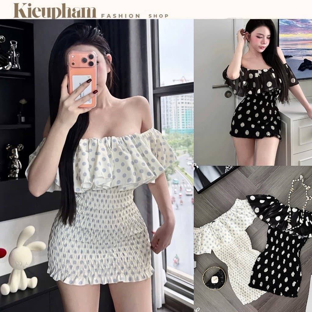 Váy Chấm Bi Trễ Vai Bèo Nhún Chun Eo Dáng Ngắn Nữ Tính Đi Chơi Kieupham.shop