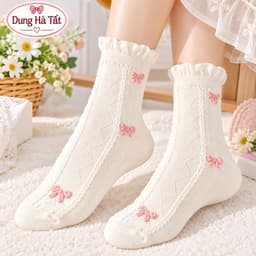 Tất Nữ Cổ Cao Chất Cotton Mềm Mại Hoạ Tiết Nơ Nâu TV set 5 Đôi -10 Đôi 8