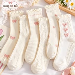 Tất Nữ Cổ Cao Chất Cotton Mềm Mại Hoạ Tiết Nơ Nâu TV set 5 Đôi -10 Đôi 2