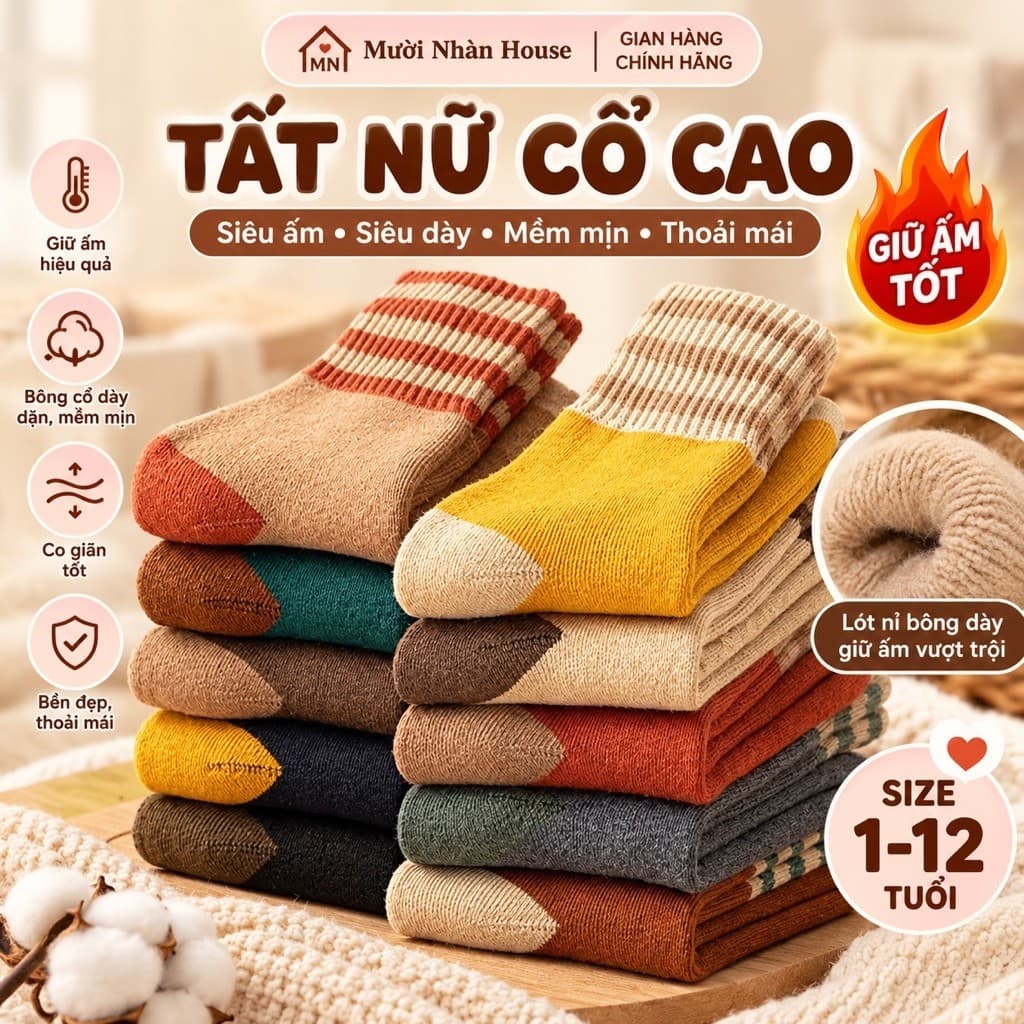 Tất nữ cổ cao sét 10 đôi tất lót nỉ bông cổ vằn siêu ấm siêu dày T57
