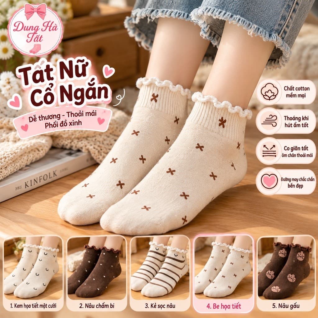Tất Nữ Cổ Ngắn Chất Cotton Hoạ Tiết Cổ Bèo Mắt Nhắm Set 10 Đôi
