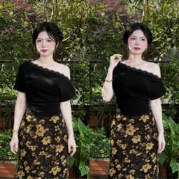 Set áo thun viền ren lệch vai phối chân váy hoa lụa suông dài 3