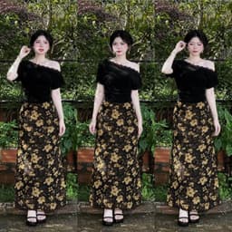 Set áo thun viền ren lệch vai phối chân váy hoa lụa suông dài 1