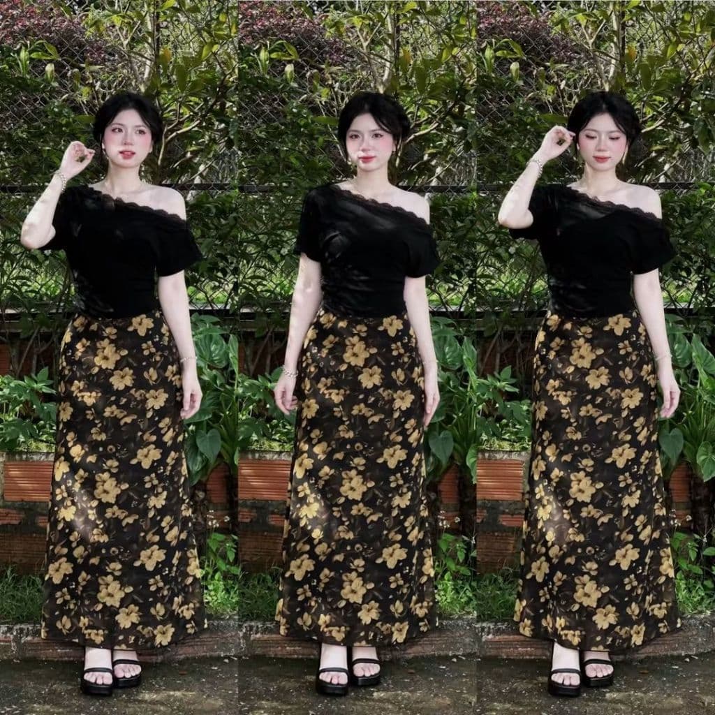 Set áo thun viền ren lệch vai phối chân váy hoa lụa suông dài