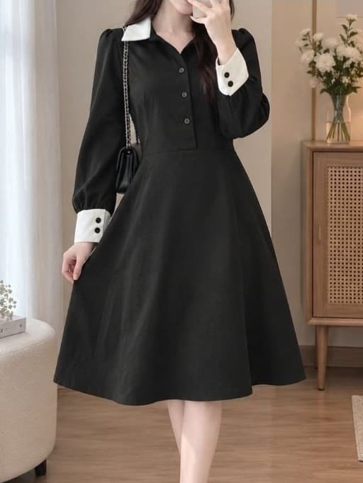[2hand] Váy xoè đen dài tay dáng công sở vải tây size S