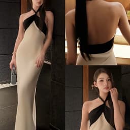 (Dmina) Đầm Lụa Cổ Yếm Phối màu dáng dài hở lưng tôn dáng quyến rũ sang trọng  1