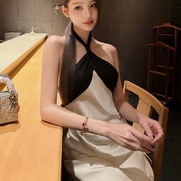 (Dmina) Đầm Lụa Cổ Yếm Phối màu dáng dài hở lưng tôn dáng quyến rũ sang trọng  4