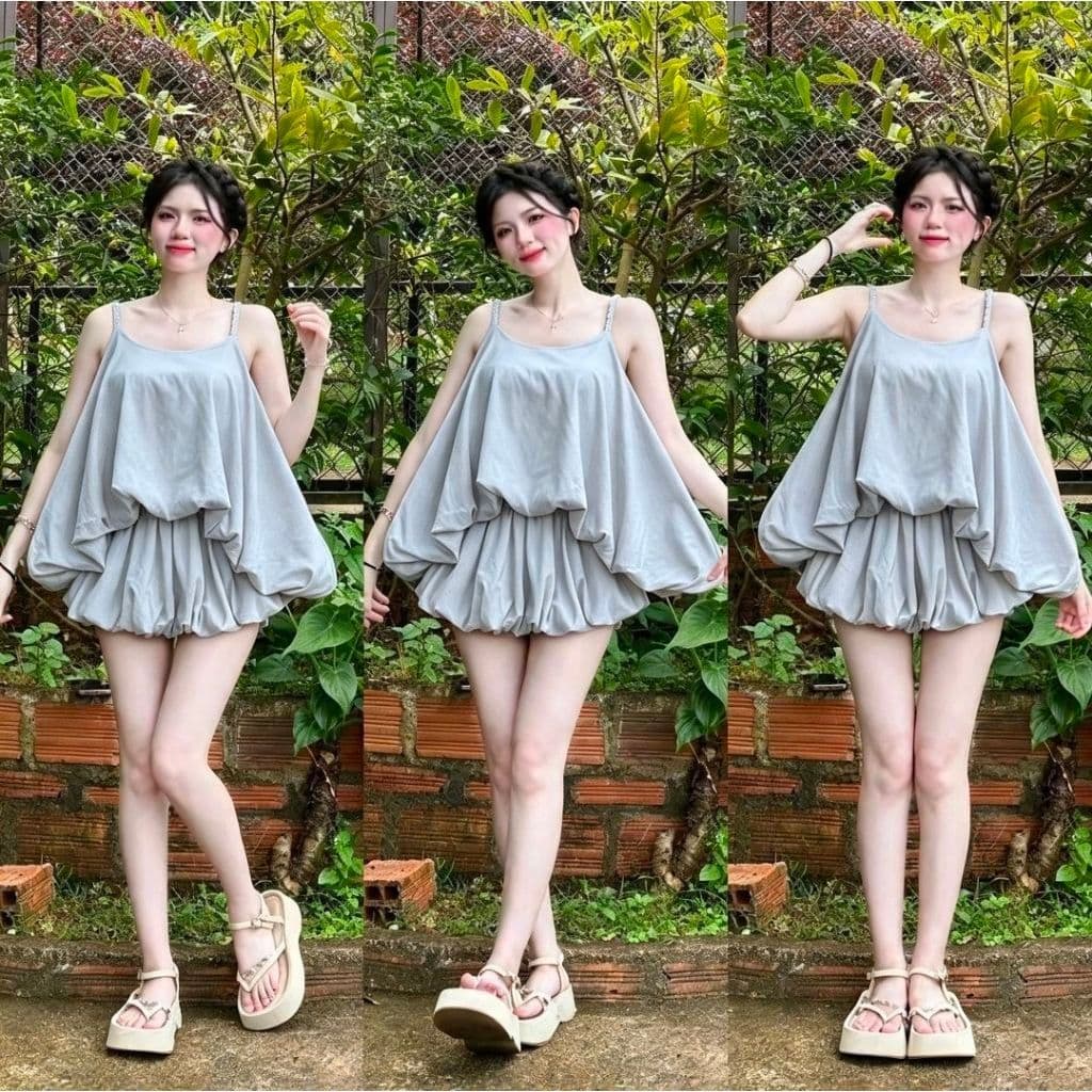 Set áo lụa 2 dây cách điệu dáng bồng kèm quần short