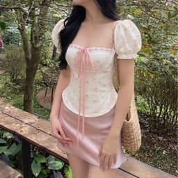 (Bigsize S-4XL) Áo Corset Tay Phồng Chun Nhún Cổ Vuông Phối Nơ Dây Rút Hoạ Tiết Nơ Xinh Nữ Tính Kieupham.shop 4