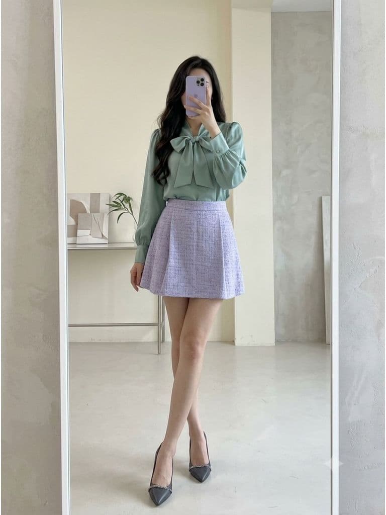 [2hand] Áo sơ mi tafta xanh mint buộc nơ cổ freesize đến L