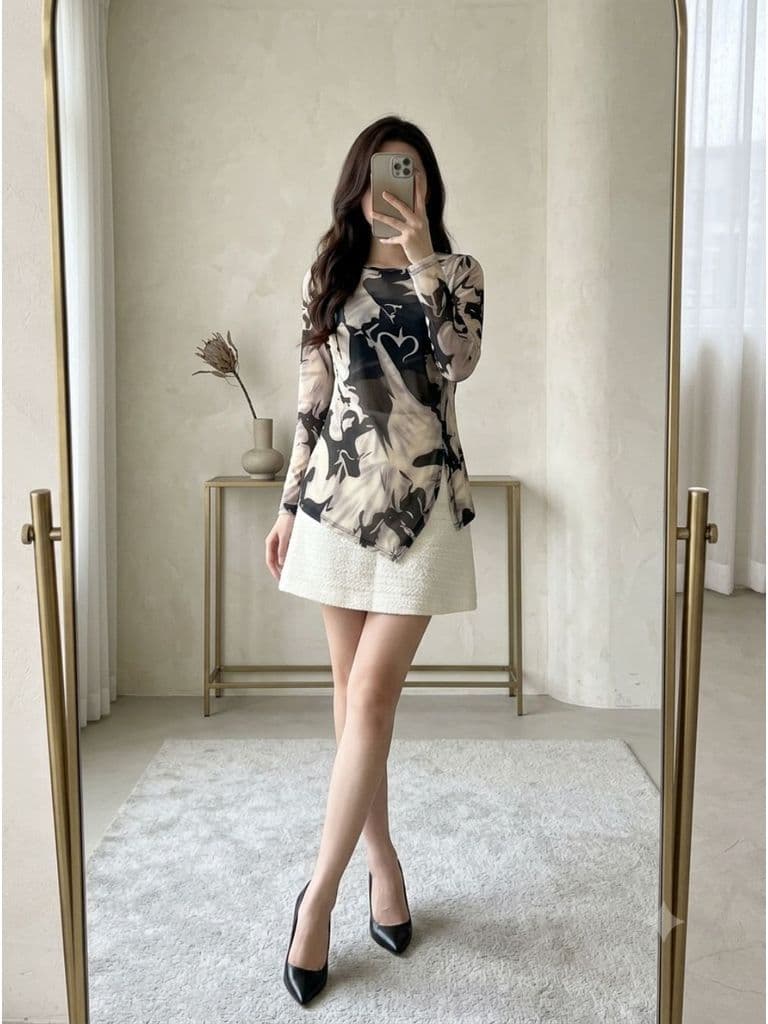 [2hand] Áo lưới hoạ tiết vạt chéo lệch eo freesize đến L