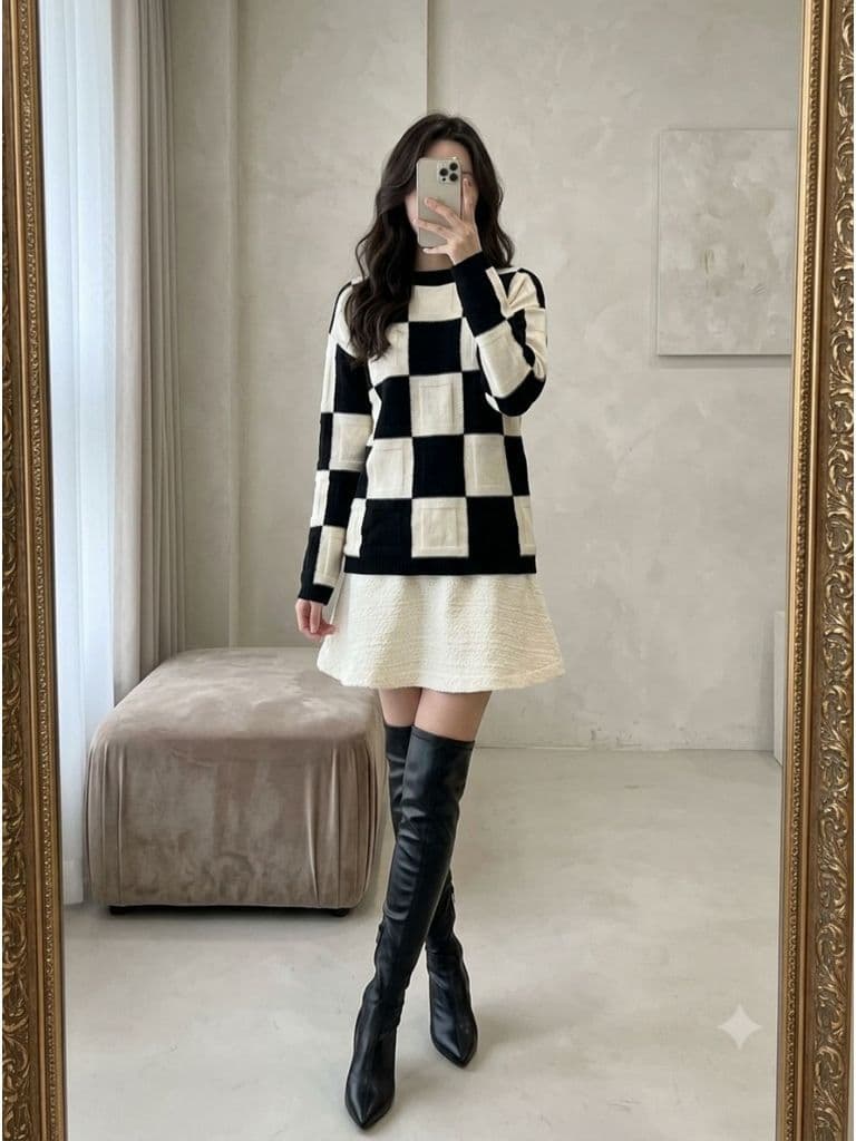 [2hand] Áo len lông dệt caro vuông đen trắng size S M