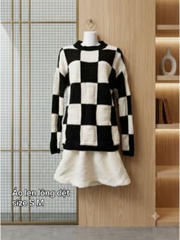 [2hand] Áo len lông dệt caro vuông đen trắng size S M 2