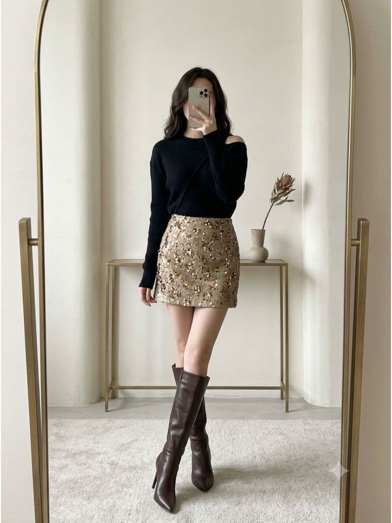 [2hand] Áo len gân đen khoét vai form rộng freesize đến XL