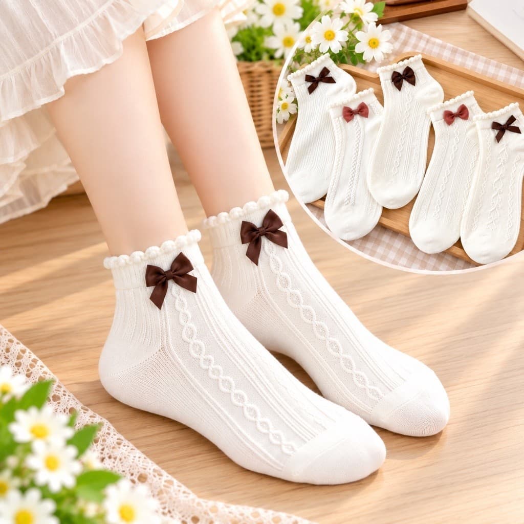 Tất Nữ Cổ Ngắn Chất Cotton Hoạ Tiết Nơ (Sịn) Điệu Đà Tiểu Thư