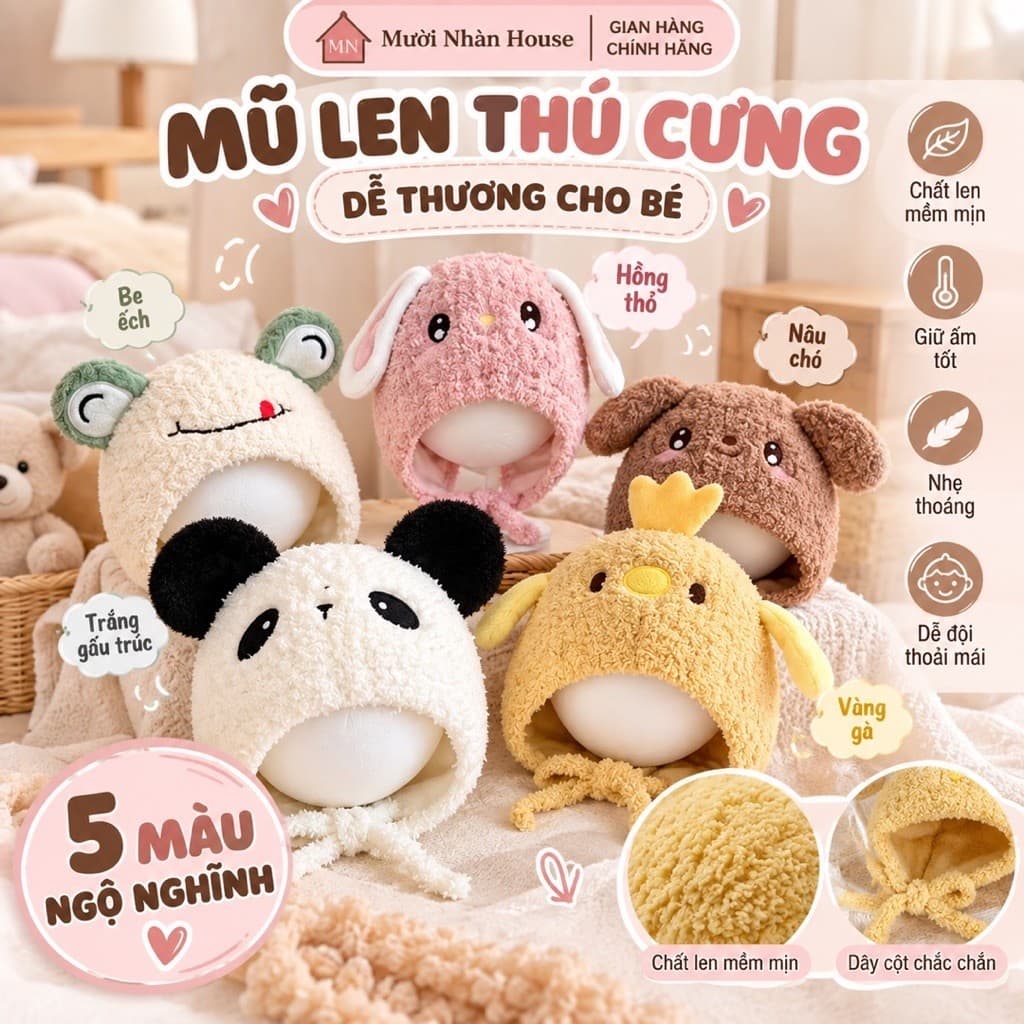 Mũ Len Thú Cưng Dễ Thương Cho Bé Sơ Sinh – 5 Màu Ngọt Ngào 🎀🎀FREESHIP🎀🎀