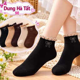 Set 10 Đôi Tất Nữ Cổ Ngắn Cotton Mềm Mại Viền Bèo Thêu Nơ Co Giãn Êm Chân Tông Màu Basic Đen Be Nâu PT 7
