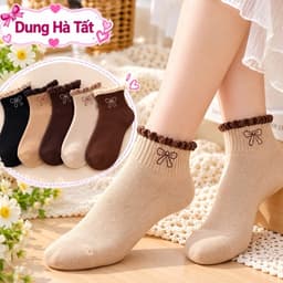 Set 10 Đôi Tất Nữ Cổ Ngắn Cotton Mềm Mại Viền Bèo Thêu Nơ Co Giãn Êm Chân Tông Màu Basic Đen Be Nâu PT 1