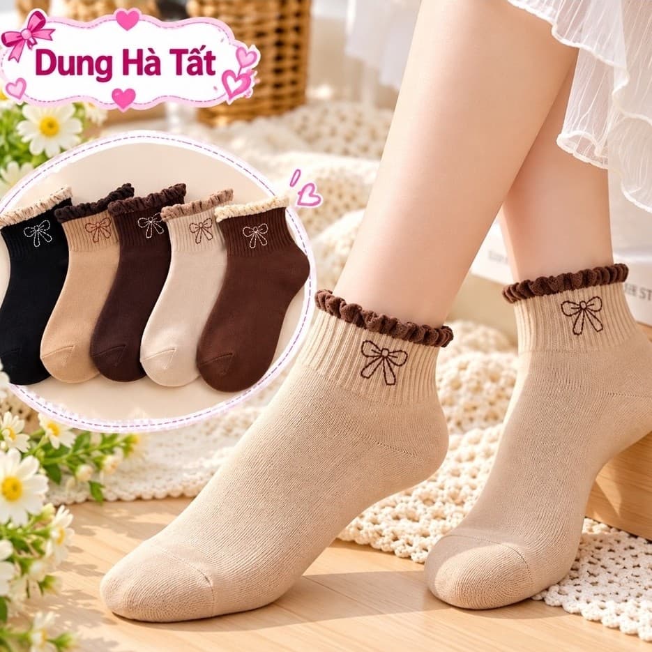 Set 10 Đôi Tất Nữ Cổ Ngắn Cotton Mềm Mại Viền Bèo Thêu Nơ Co Giãn Êm Chân Tông Màu Basic Đen Be Nâu PT