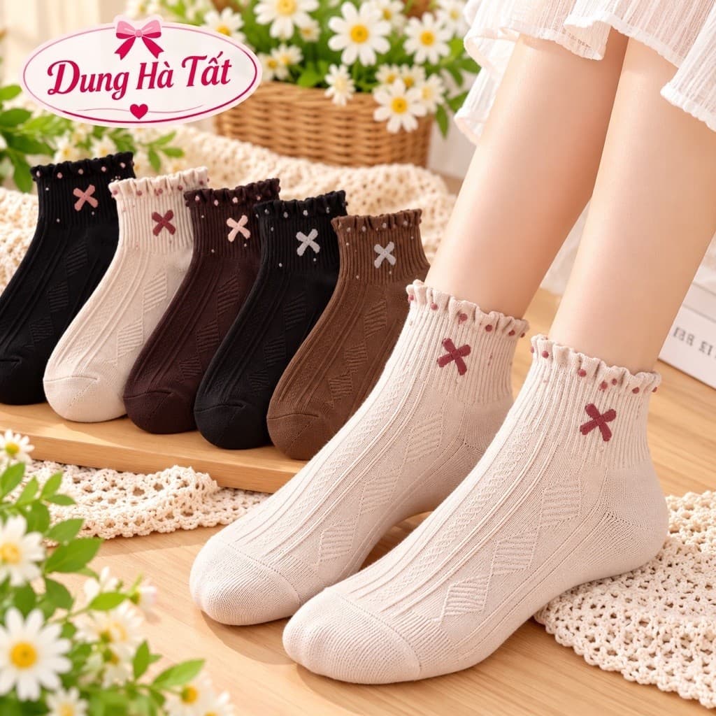 Tất Nữ Cổ Ngắn Chất Cotton Nơ Bèo  Siêu Xinh Phong Cách Hàn Quốc (Nơ A9)