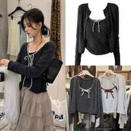 (Chic Seoul) Set áo len cardigan bi phối nơ nhỏ 2 màu xám trắng và đỏ đun kem phong cách Nertro HQ (ảnh thật 2 ảnh cuối) 4