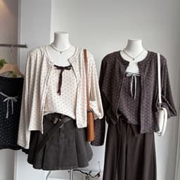(Chic Seoul) Set áo len cardigan bi phối nơ nhỏ 2 màu xám trắng và đỏ đun kem phong cách Nertro HQ (ảnh thật 2 ảnh cuối) 7
