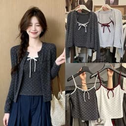 (Chic Seoul) Set áo len cardigan bi phối nơ nhỏ 2 màu xám trắng và đỏ đun kem phong cách Nertro HQ (ảnh thật 2 ảnh cuối) 1
