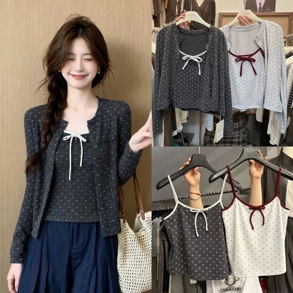 (Chic Seoul) Set áo len cardigan bi phối nơ nhỏ 2 màu xám trắng và đỏ đun kem phong cách Nertro HQ (ảnh thật 2 ảnh cuối)