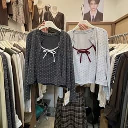 (Chic Seoul) Set áo len cardigan bi phối nơ nhỏ 2 màu xám trắng và đỏ đun kem phong cách Nertro HQ (ảnh thật 2 ảnh cuối) 3