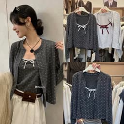 (Chic Seoul) Set áo len cardigan bi phối nơ nhỏ 2 màu xám trắng và đỏ đun kem phong cách Nertro HQ (ảnh thật 2 ảnh cuối) 2