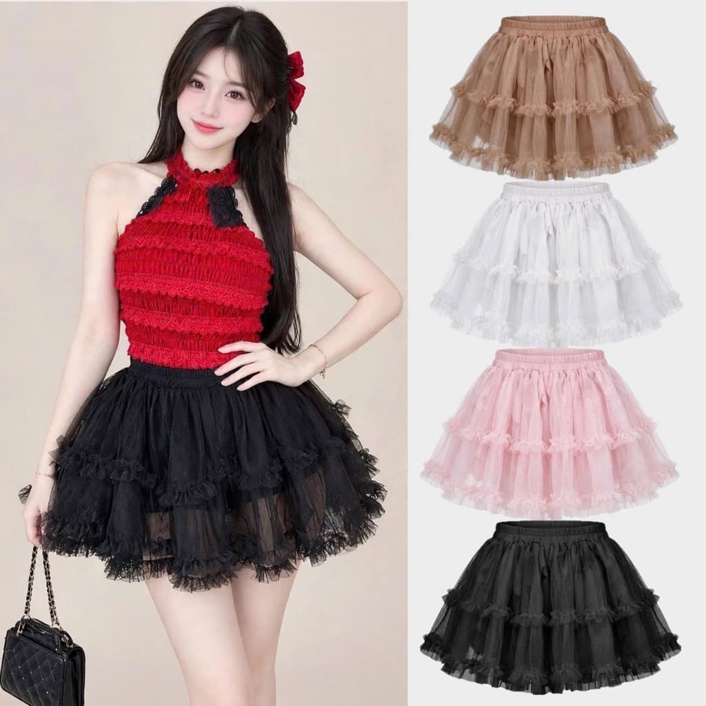 Chân váy lưới xoè nhiều tầng nhiều lớp xếp ly cạp chun co giản phồng bồng bềnh cuốn hút BYN BYN VL355