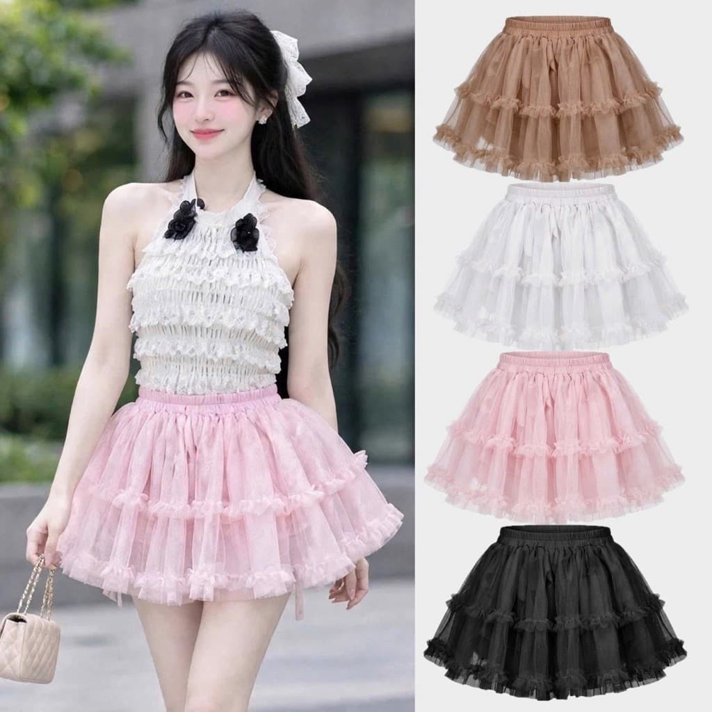 Chân váy lưới tầng lớp nữ dáng xòe ngắn màu trơn phong cách dễ thương BYN BYN VL355