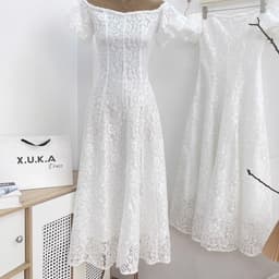 VÁY REN TRẮNG BẸT VAI DỰ TIỆC, váy ren trắng xoè xukadress 4