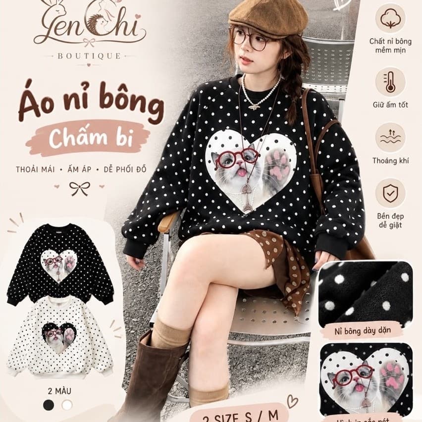 Áo Nỉ Bông Chấm Bi Nữ Form Rộng Unisex Họa Tiết Mèo Dễ Thương – Yenchi Boutique