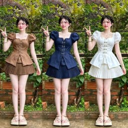 Bộ áo cổ vuông dáng peplum kèm phụ kiện phối chân váy có hình thật 1