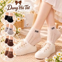 Tất Nữ Cổ Ngắn Châs Cotton  Mềm Mại Hoạ Tiết Mi Nơ Set 5 set 10 Đôi 1