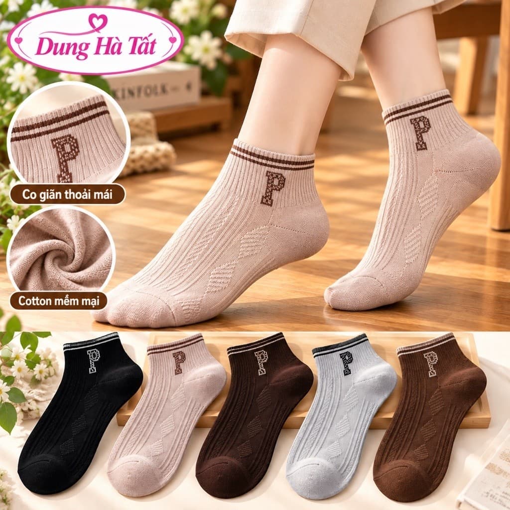 Tất Nữ Cổ Ngắn Chất Cotton Mềm Mại Siêu Xinh  Chữ P Set 5 đôi -10 đôi