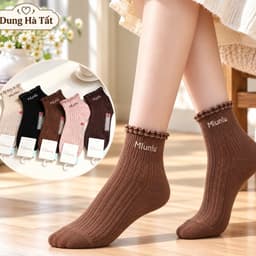 Tất Nữ Cổ Ngắn Chất Cotton Hoạ Tiêt Chữ Miu2 siêu Xinh Màu Sang sạch 7