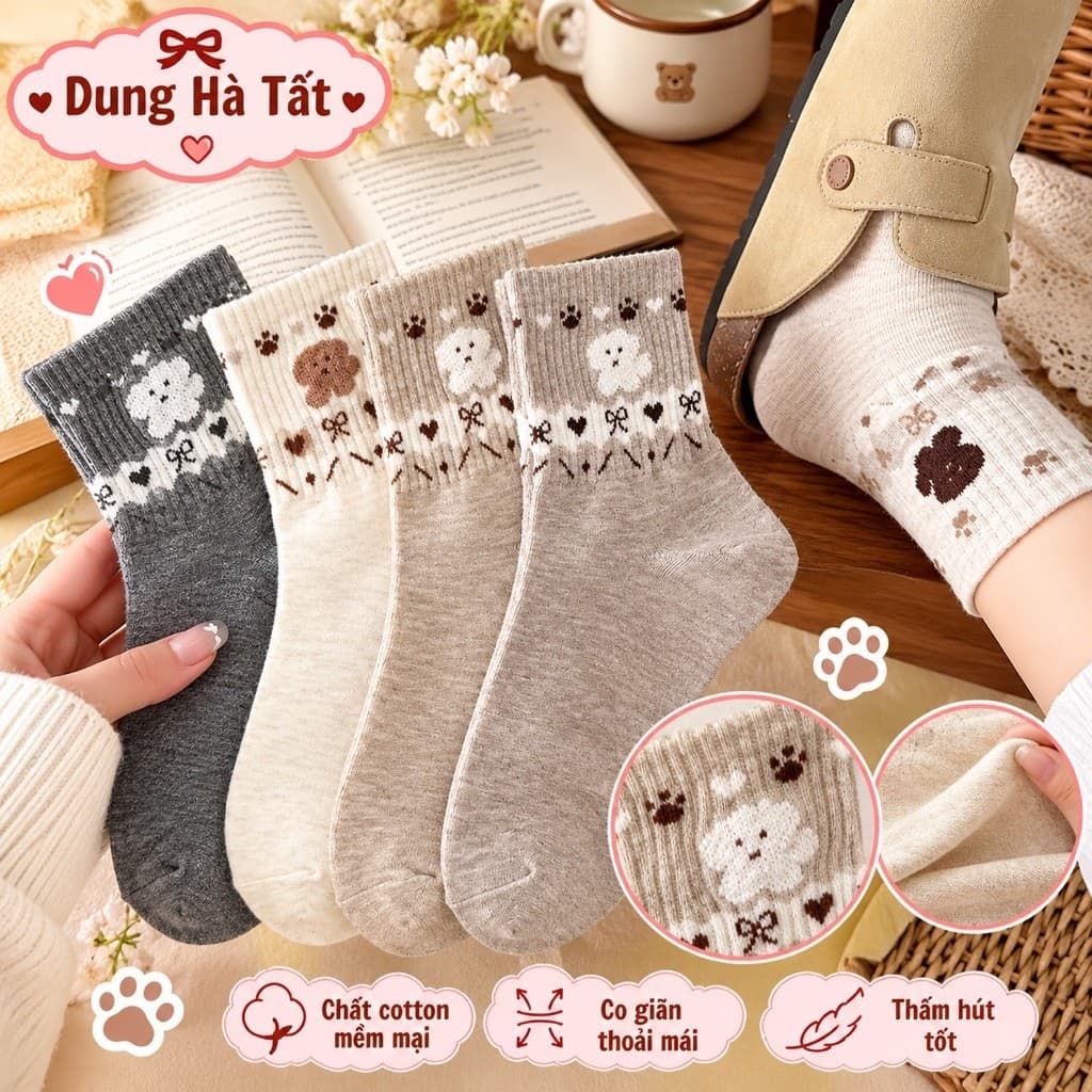 Tất Nữ Cổ Trung Cotton Mềm Mại Họa Tiết Gấu Thêu Co Giãn Thoáng Khí Phong Cách Hàn Quốc Freesize 35-