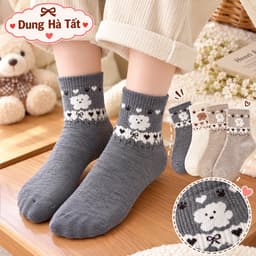 Tất Nữ Cổ Trung Cotton Mềm Mại Họa Tiết Gấu Thêu Co Giãn Thoáng Khí Phong Cách Hàn Quốc Freesize 35- 5