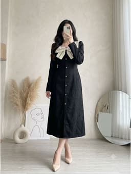 [2hand] Đầm nhung dệt cổ vuông nơ lụa size S M 1