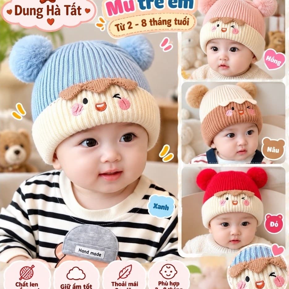 Mũ Len Quả Bông Ngộ Nghĩnh Đáng Yêu Cho Bé Từ 2-8 tháng
