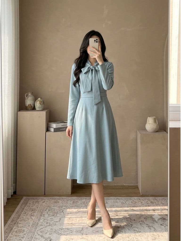 [2hand] Đầm dạ thun xanh dương pastel cổ buộc nơ co giãn nhẹ size M L