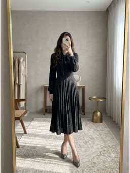 [2hand] Đầm nỉ dạ đen bling buộc nơ lệch cổ co giãn size S 1