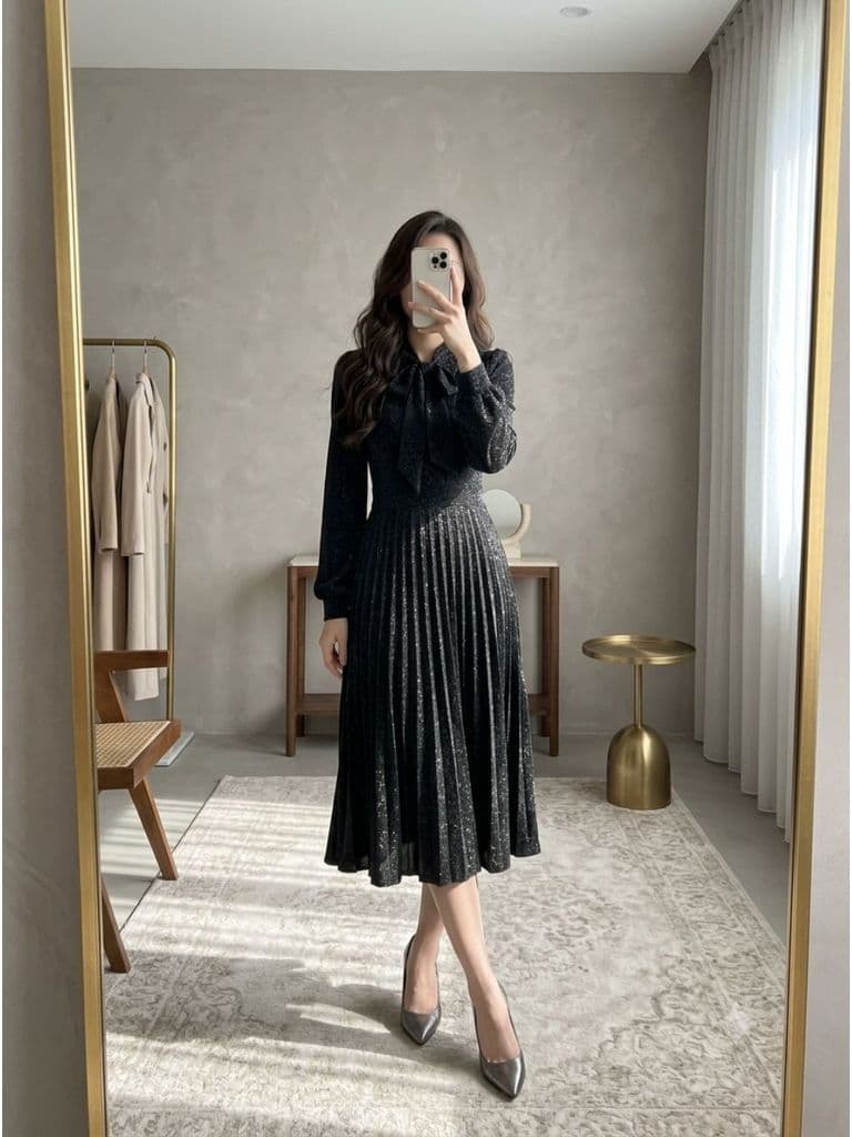 [2hand] Đầm nỉ dạ đen bling buộc nơ lệch cổ co giãn size S