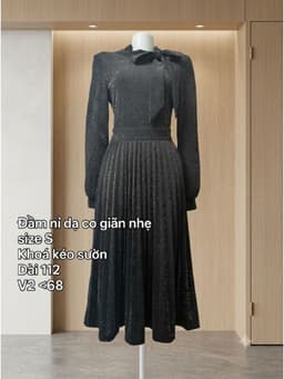 [2hand] Đầm nỉ dạ đen bling buộc nơ lệch cổ co giãn size S 2