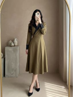 [2hand] Đầm umi xanh rêu phối lụa co giãn nhẹ size L XL 1